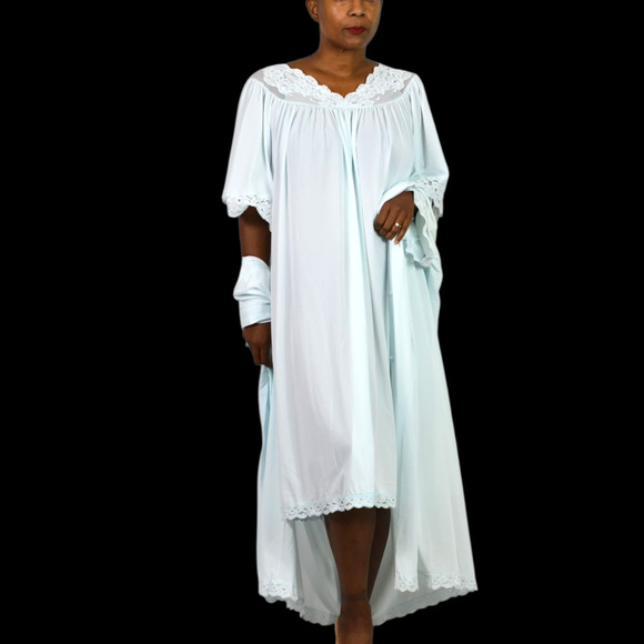 Vintage Shadowline Peignoir Set Blue Powder Chiffon Sheer Nylon Gown Robe XL - Picture 9 of 16